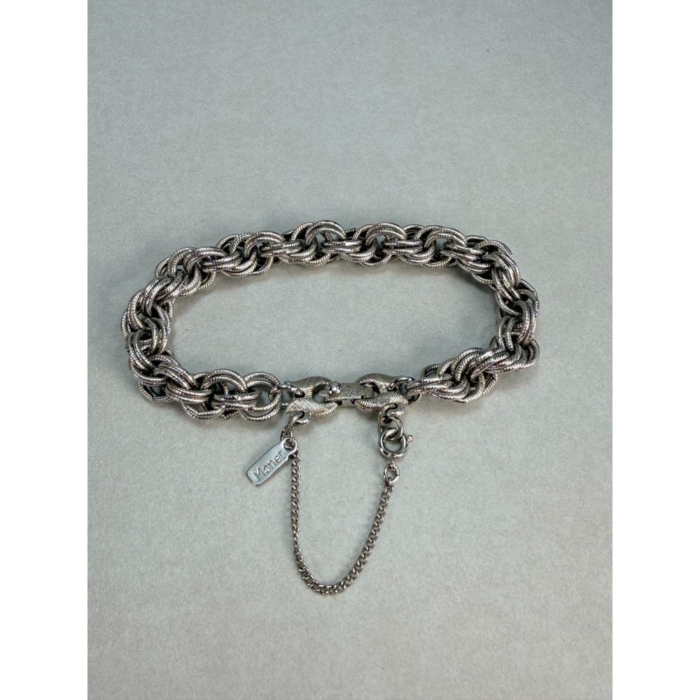 Vintage Monet Silver Tone Textured Multi Link Chain Bracelet Signed Safety Chain